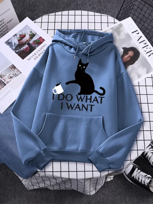 ajKFI Do What I Want Black Cat Printing Hoodies Female Fashion Casual Clothing Autumn Fleece Pullover
