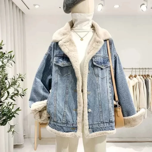 aowhDouble Sided Lamb Wool Denim Jacket Women s Velvet Thick Furry Casual BF Padded Loose Winter