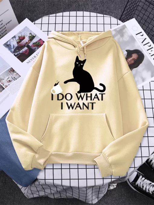 asNxI Do What I Want Black Cat Printing Hoodies Female Fashion Casual Clothing Autumn Fleece Pullover
