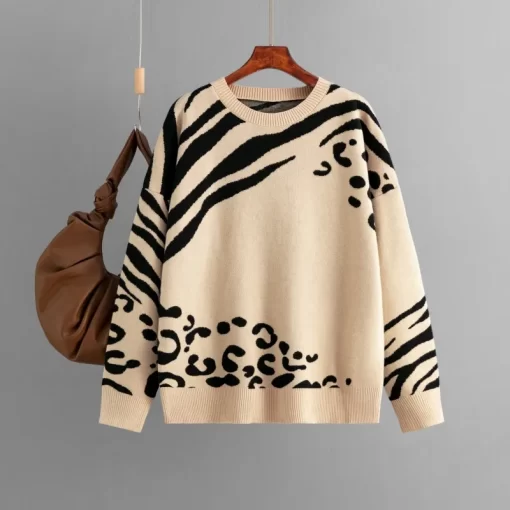 b0WOAutumn Leopard Knitted Sweater Women Pullover Winter Korean Fashion Casual Long Sleeve Pullover Women Tops Loose