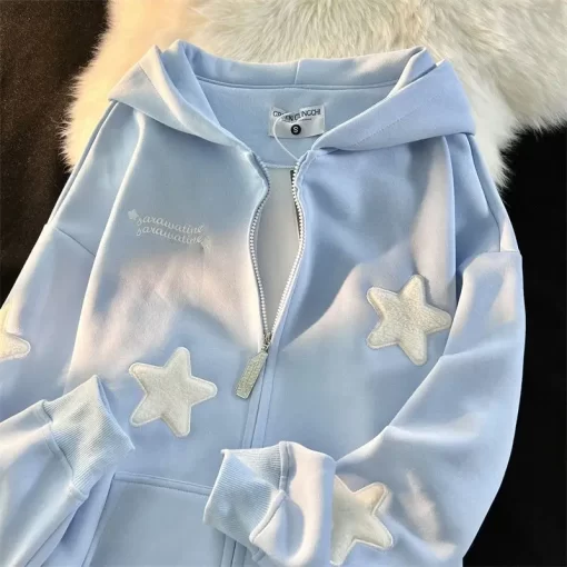 bI9NY2K Harajuku Macaron Solid Color Star Patch Hooded Sweatshirt for Men and Women Spring and Autumn