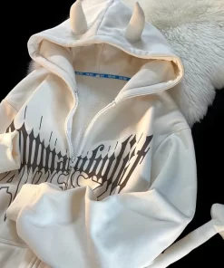 bXMEHarajuku Demon Hoodies Tail design Gothic Oversized Hoodie Sweatshirt Goth Zip Up Hoodie Y2k Clothes Couples