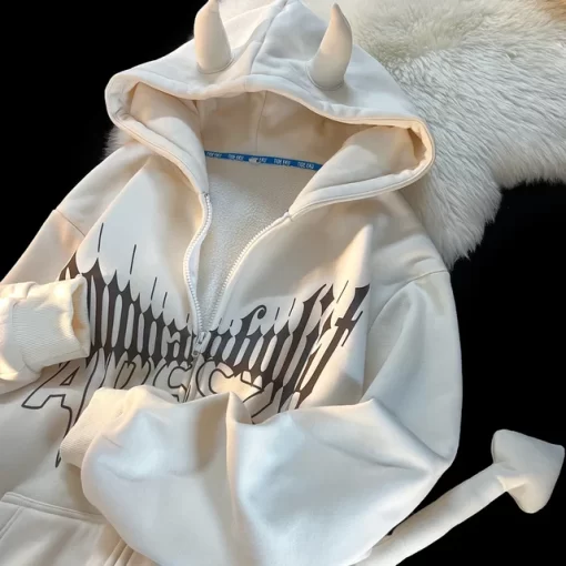 bXMEHarajuku Demon Hoodies Tail design Gothic Oversized Hoodie Sweatshirt Goth Zip Up Hoodie Y2k Clothes Couples