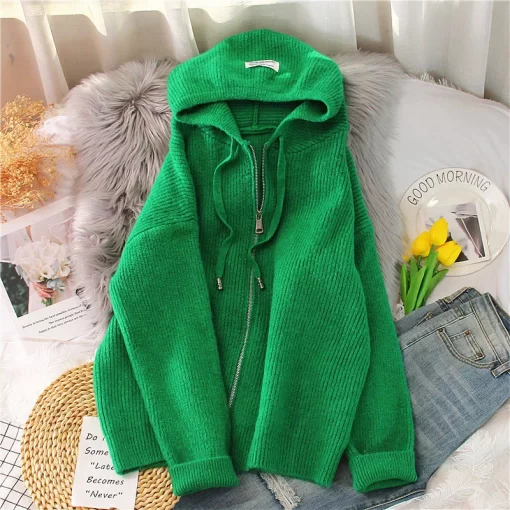 bavX2023 Autumn Winter New Chunky Solid Color Hooded Knitted Cardigan Zipper Coat Sweater Women s Loose