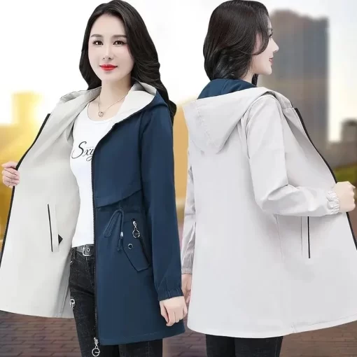 brpRDouble Sided Trench Coat Women 2022 New Spring Autumn Clothes Hooded Large Size Long Windbreaker Jacket