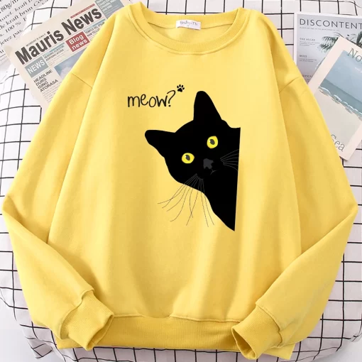 c5R0Meow Black Cat Printed Mens Sweatshirts Funny Cute Long Sleeves Casual Personality Clothes Fleece Autumn Warm
