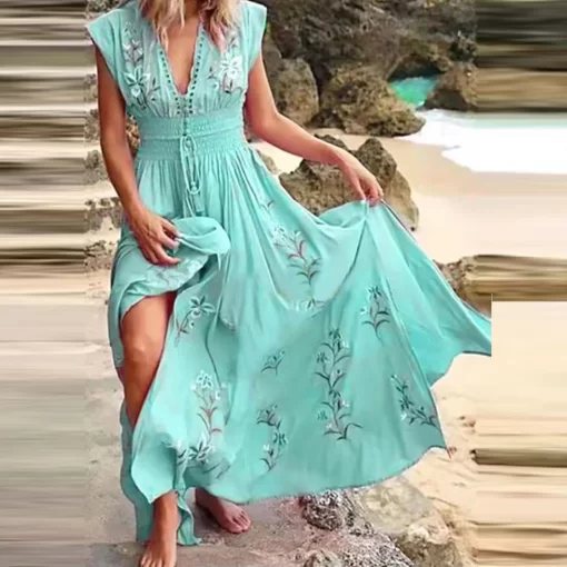 cDiGBohemian French Elegant V neck Print Midi Flying Sleeve Dress Women Vacation Beach Style Short Sleeve