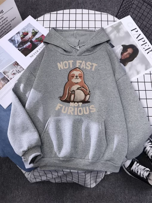 cIKHNot Fast Not Furious Kawaii Sloth Prints Woman Hoodie Fleece Pocket Warm Tops Oversized Creativity O
