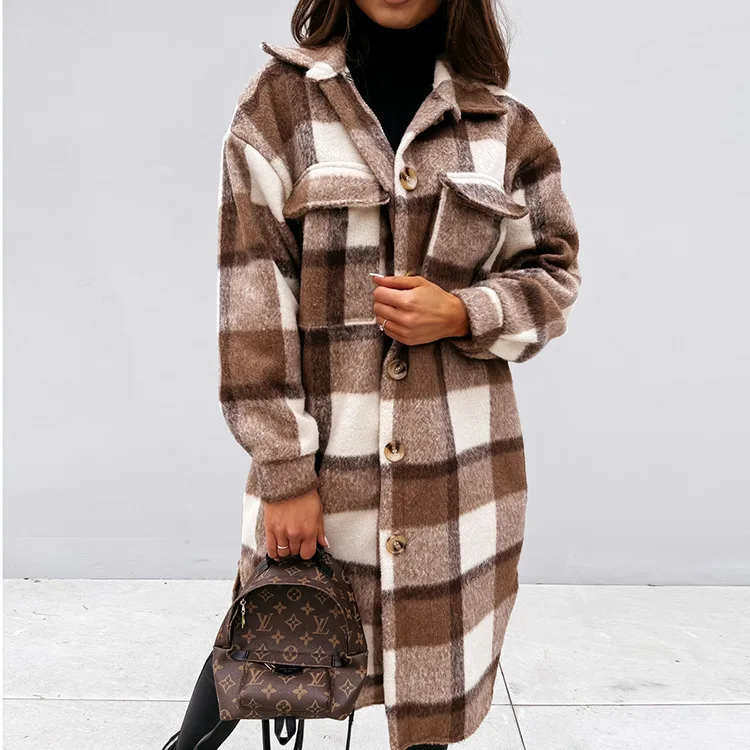 cS242023 Single Breasted Trench Coat Fashion Long Autumn Winter Women s Clothing Long Sleeve Woolen Plaid