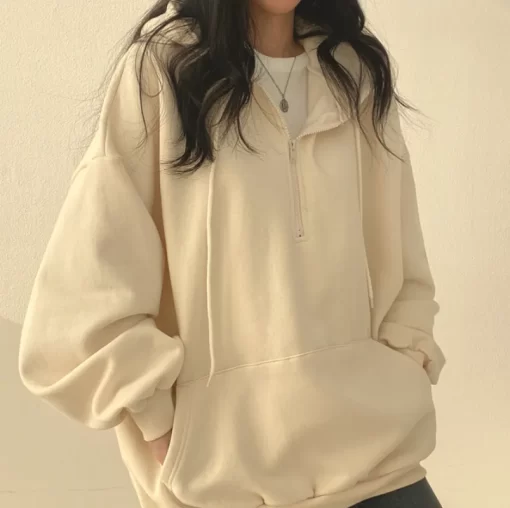 cgvuWomen Hoodie Harajuku Loose Oversized Solid Color Top Half Zip Up Sweatshirt Female Casual Long Sleeve
