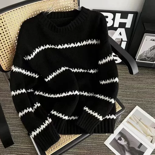 crR8Women Round Neck Stripe Sweater Thicken Warm Long Sleeve Pullovers Knit Jumpers Loose Casual Sweater For
