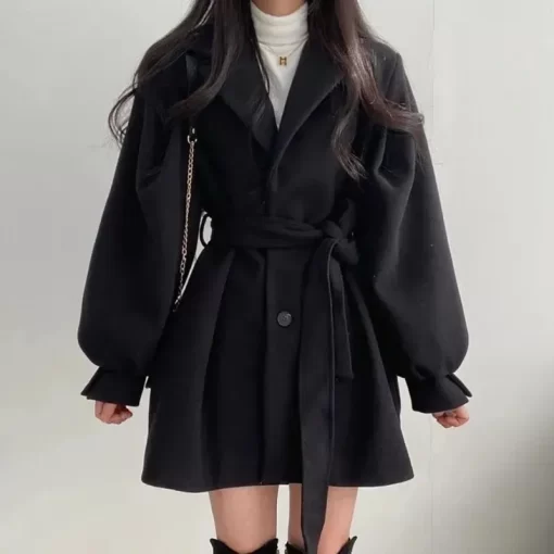 dFGOZoki Fashion Korean Women Faux Woolen Coats Elegant Belt Ladies Jacket Fall Casual High Waist Tunic