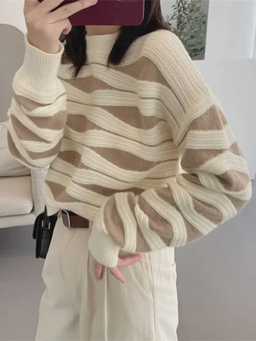 dIcWWomen s Winter Sweater 2023 Oversize Loose Pullover Casual Korean Fashion Print Striped Knitted Pullover for