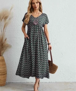 e2YvOversized Loose Vintage Dress Women Summer Bohemian Maxi Dress Female Elegant Casual Short Sleeve Long Beach