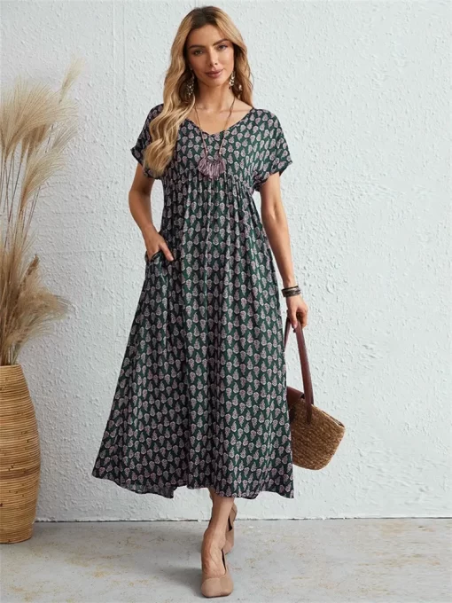 e2YvOversized Loose Vintage Dress Women Summer Bohemian Maxi Dress Female Elegant Casual Short Sleeve Long Beach