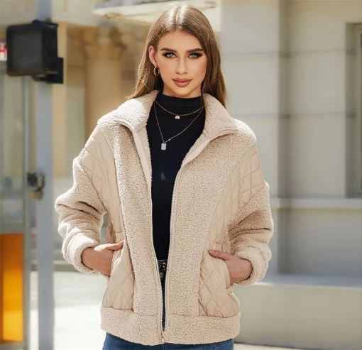 f1LVAutumn and winter new fashion long sleeved cardigan zipper plush splicing cotton coat for women