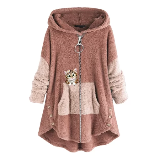 feroWomen s Fashion Zipper Cat Print Long Sleeve Stitching Warm Sweater Tops Coat Winter