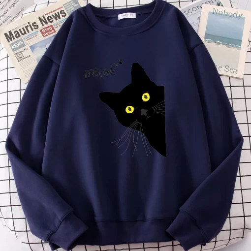 flFjMeow Black Cat Printed Mens Sweatshirts Funny Cute Long Sleeves Casual Personality Clothes Fleece Autumn Warm