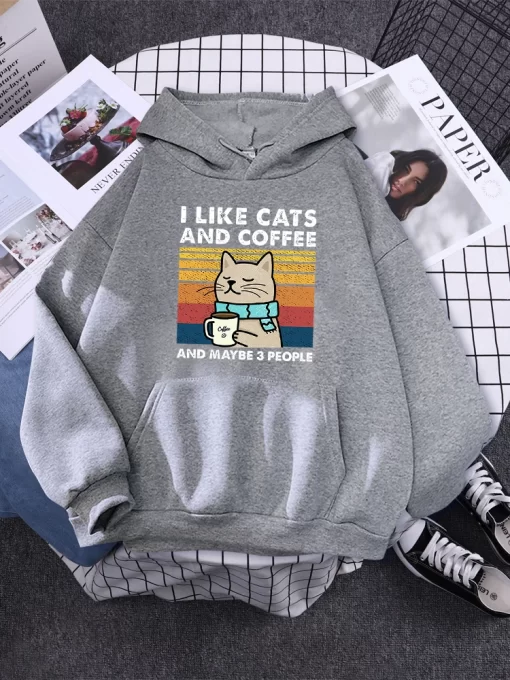 g1Lli like cats and coffee Printed Women Hoody Kpop Comfortable Tracksuit Solid Hooded Sportswear Personality Warm