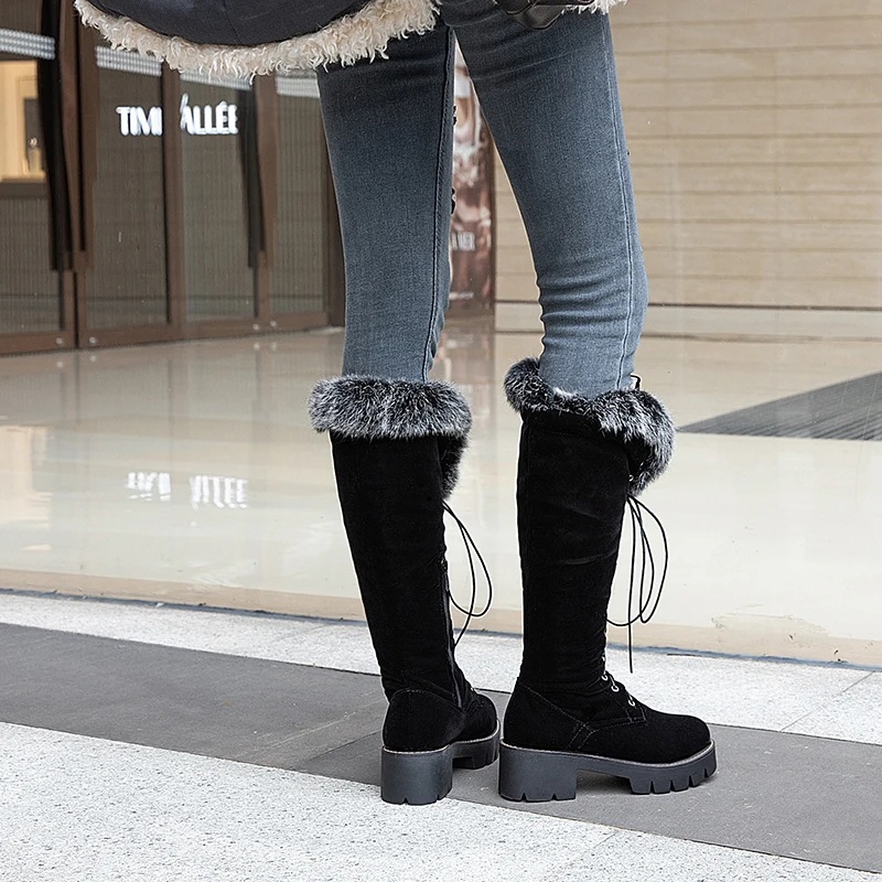 gD6wENMAYER Fretwork Heels Velvet Zip Over the Knee Boots Winter Round Toe Fur Med Solid Women