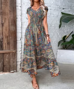 gTXhWomen Vintage Print Long Dress Summer Elegant V Neck Elastic Waist Maxi Dresses 2023 Holiday Bohe