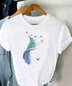h5GYTee Women T shirt Summer Short Sleeve Print Clothes Graphic T Shirt Feather Painting Bird Clothing