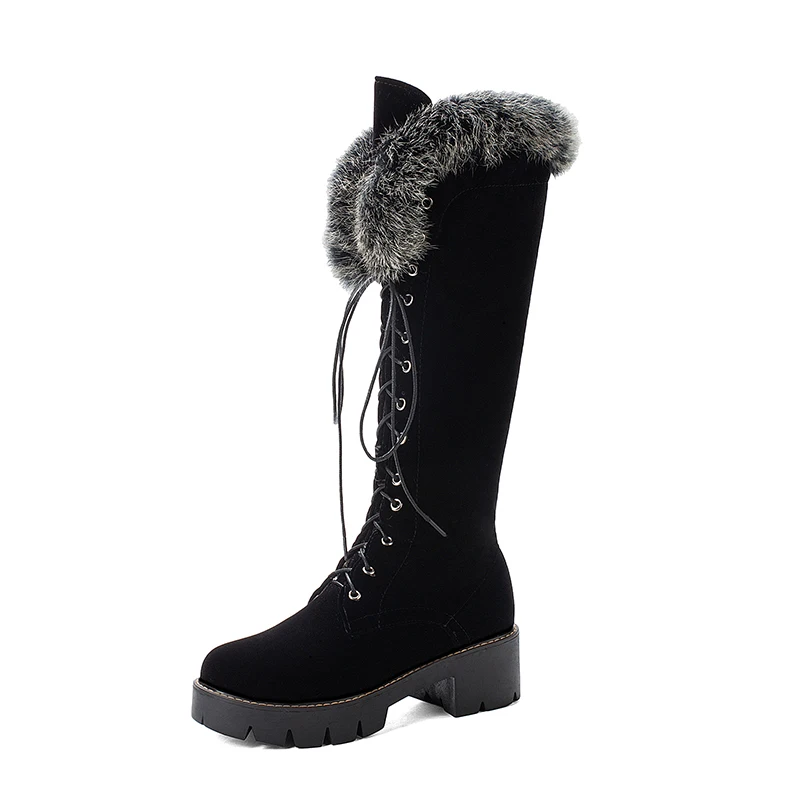 hLtjENMAYER Fretwork Heels Velvet Zip Over the Knee Boots Winter Round Toe Fur Med Solid Women