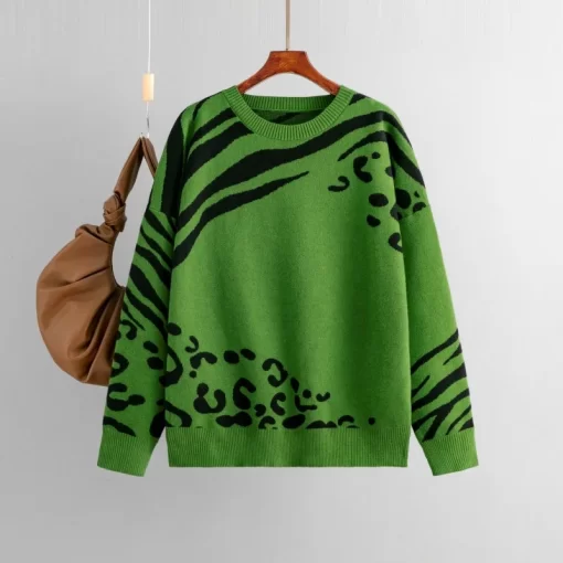 hlVcAutumn Leopard Knitted Sweater Women Pullover Winter Korean Fashion Casual Long Sleeve Pullover Women Tops Loose