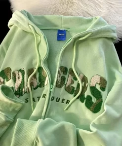 hsPQAmerican Retro Y2k Style Zip Hoodies Green Flocking Embroidery New Kpop Sweatshirts Long Sleeve Pullovers Harajuku