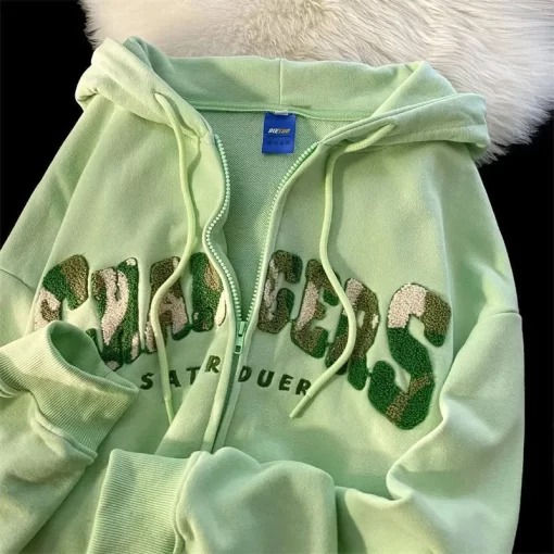 hsPQAmerican Retro Y2k Style Zip Hoodies Green Flocking Embroidery New Kpop Sweatshirts Long Sleeve Pullovers Harajuku