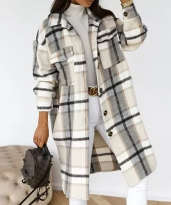 hven2023 Single Breasted Trench Coat Fashion Long Autumn Winter Women s Clothing Long Sleeve Woolen Plaid
