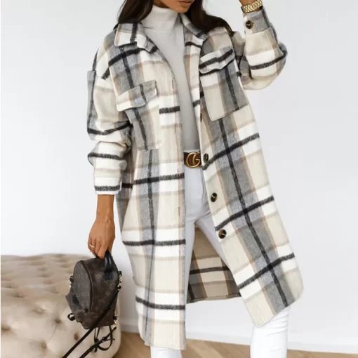 hven2023 Single Breasted Trench Coat Fashion Long Autumn Winter Women s Clothing Long Sleeve Woolen Plaid