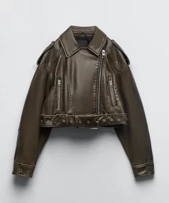 iHwtAilegogo Women Vintage Loose Pu Faux Leather Short Jacket with Belt Streetwear Female Zipper Retro Moto