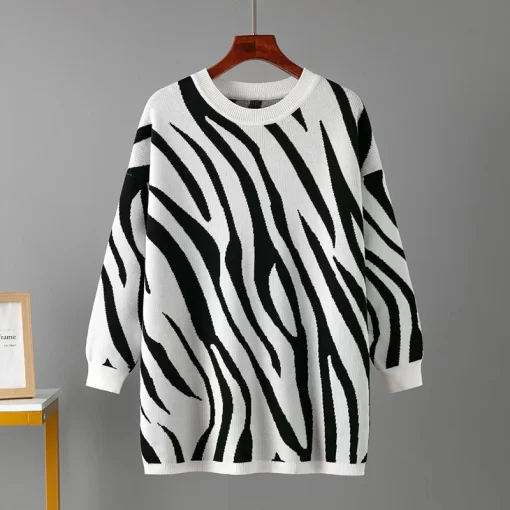 iIrWFashion Zebra Pattern Casual Sweater Women Pullovers Winter New Korean Knit Pullover Sweater O Neck Knit