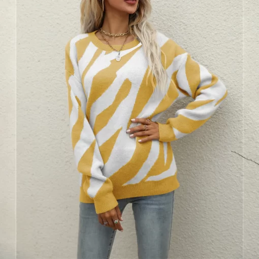 iO0FFashion Zebra Pattern Sweater Women s Casual Pullovers Autumn Winter Knit Sweater Straight Sleeve O Neck