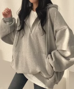 iq3dWomen Hoodie Harajuku Loose Oversized Solid Color Top Half Zip Up Sweatshirt Female Casual Long Sleeve