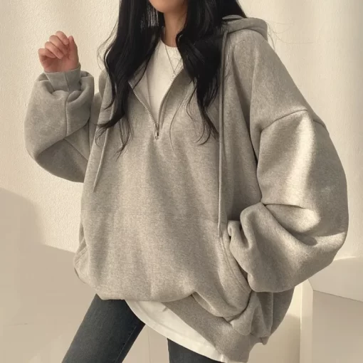 iq3dWomen Hoodie Harajuku Loose Oversized Solid Color Top Half Zip Up Sweatshirt Female Casual Long Sleeve