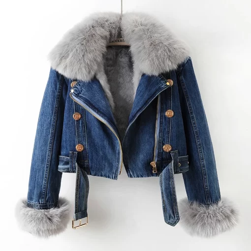 j7ZzWinter Natural Fox Fur Collar Rabbit Fur Liner Denim Jacket Women Cowboy Outerwear Loose Short Zipper