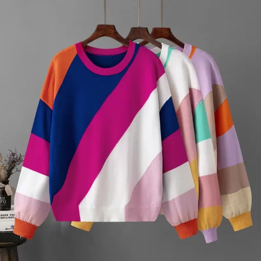 jLioFashion Oversized Stripe Stitching Pullovers Women Sweater Tops Autumn Winter Warm Ladys Pullover Knit Women Sweater