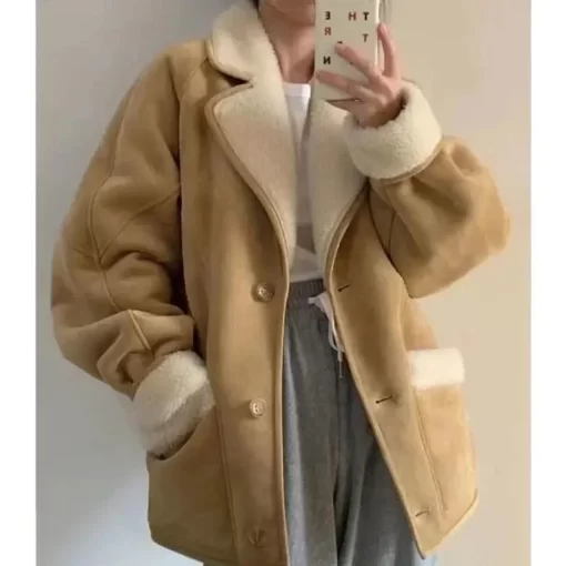 jT2IFashion Lamb Wool Leather Jacket For Women Elegant Lapel Thicken Warm Overcoat New Chic Suede Short