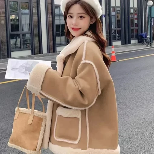 jTOTPink Sherpa Cashmere Jacket Ladies Short Winter Fur Solid Color Loose Stitching Long Sleeve Small Korean