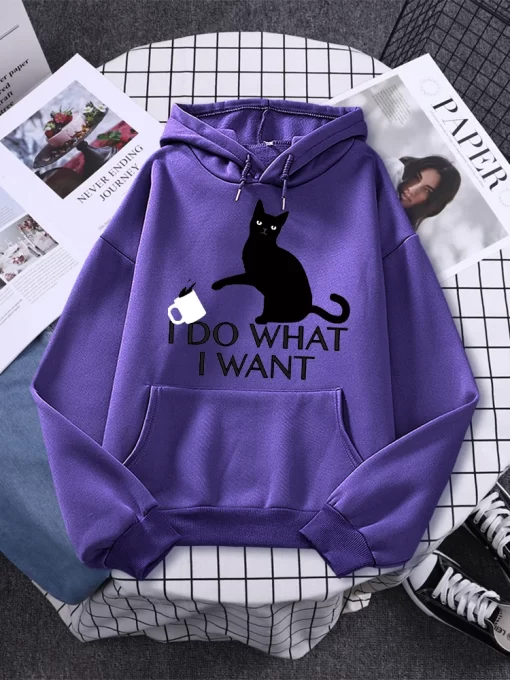 kJhsI Do What I Want Black Cat Printing Hoodies Female Fashion Casual Clothing Autumn Fleece Pullover