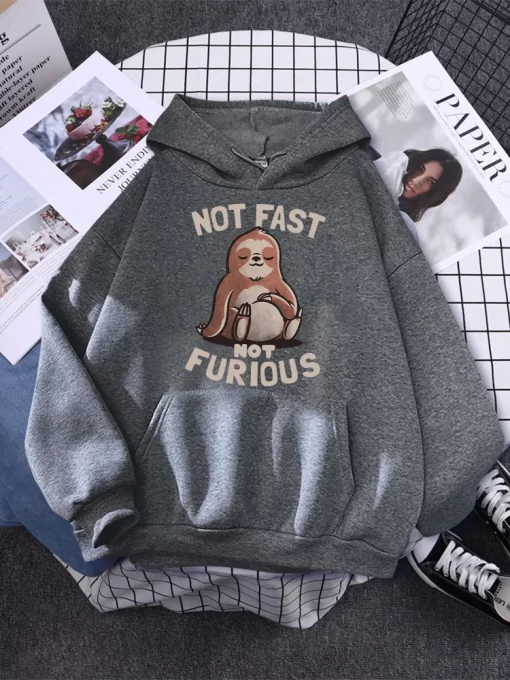 kXa9Not Fast Not Furious Kawaii Sloth Prints Woman Hoodie Fleece Pocket Warm Tops Oversized Creativity O