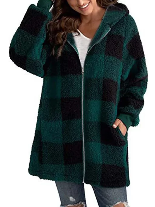 lTjW2022 Autumn Winter Plaid Faux Fur Coat Women Teddy Coat Hooded Jackets Female Furry Teddy Bear