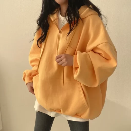 lhLoWomen Hoodie Harajuku Loose Oversized Solid Color Top Half Zip Up Sweatshirt Female Casual Long Sleeve