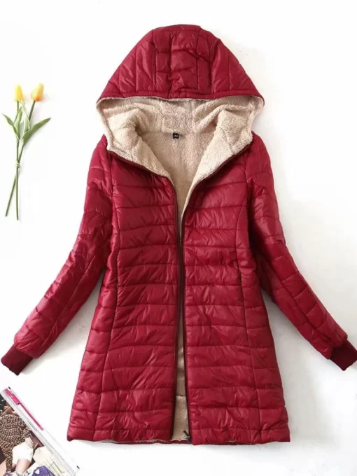 m316Women s Jacket Winter New Mid Length Korean Edition Hooded Fit Plus Fleece Cotton Coat Warm