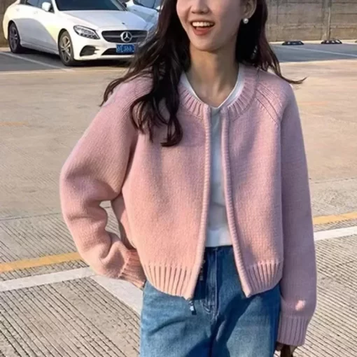 ml7fKnitted Cardigan Women s Round Neck Cashmere Sweater Coat Korean Fashion Soft Slim Fit Jacket Zipper