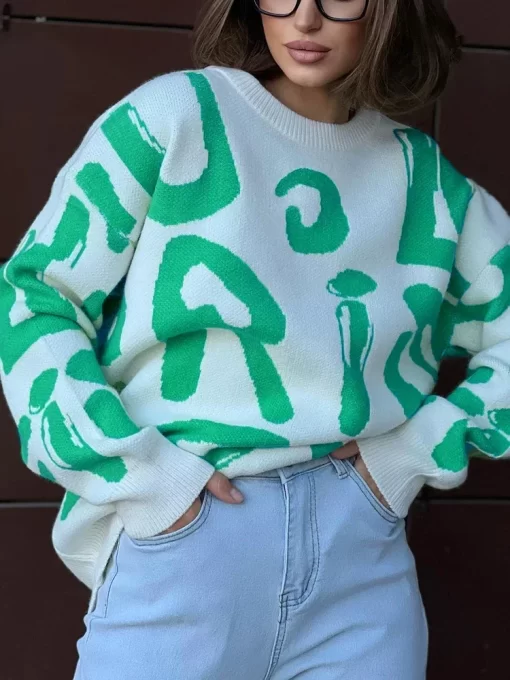 nbpfWinter Women s Sweater with Letter Print Green White Oversized Pullover O Neck Classic Vintage Knitted