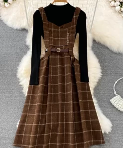 nplhHigh Quality Fall Winter Women Sweater Overalls Dress Sets Casual Knitted Tops Plaid Woolen Dress 2