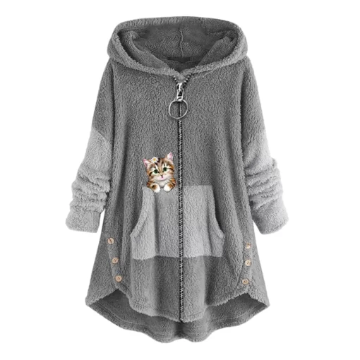 nsrhWomen s Fashion Zipper Cat Print Long Sleeve Stitching Warm Sweater Tops Coat Winter